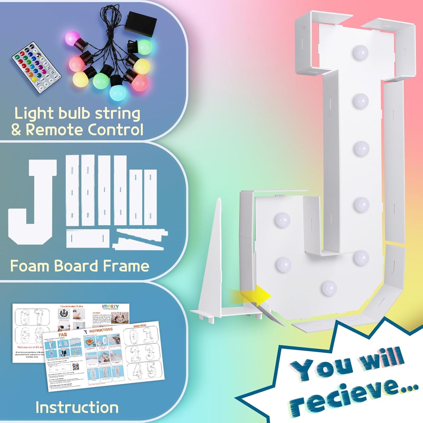 imprsv 3FT Colorful Marquee Light Up Letters J, 18 Colors Large Light up Letters Alphabet Sign with Remote, Big Marry Me Sign, Birthday Party Decorations Baby Shower Anniversary Wedding Decoration