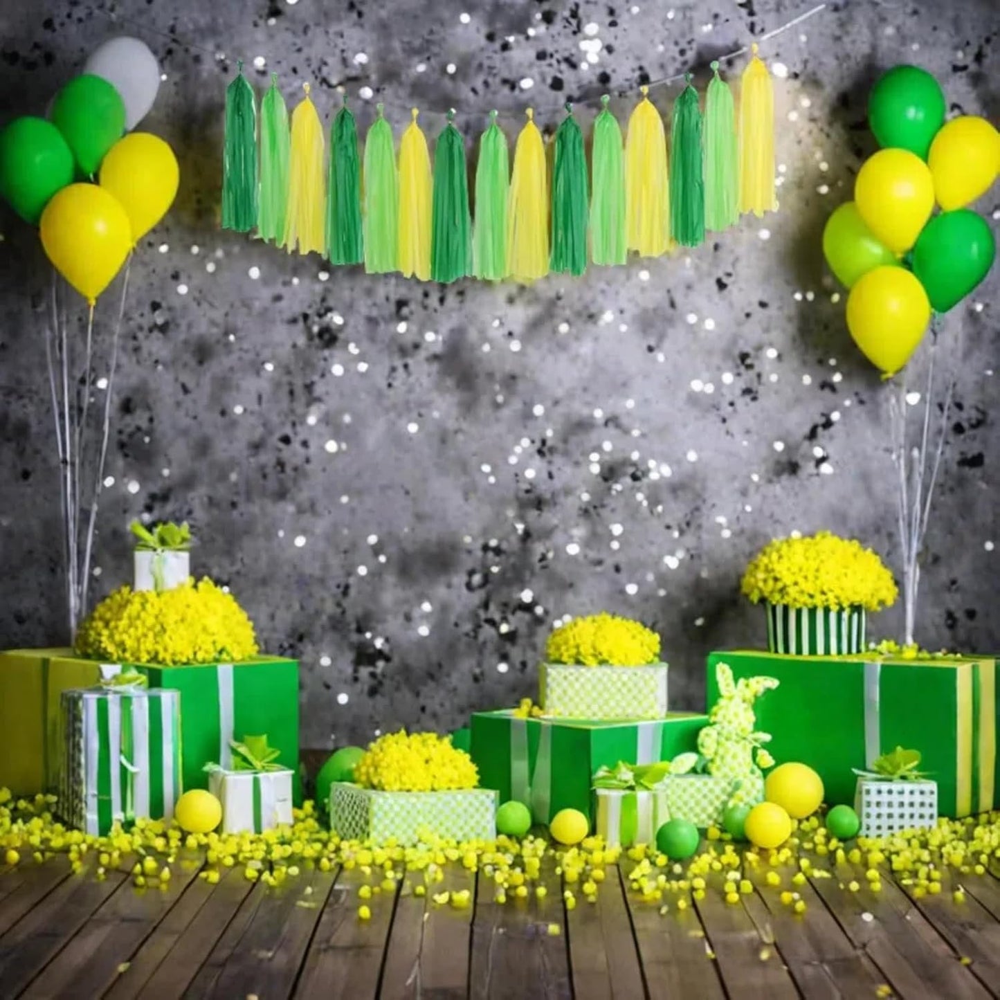 Green Light Green and Yellow Tassel Garland Banner Paper Tassels for Party Decorations,Pack of 15
