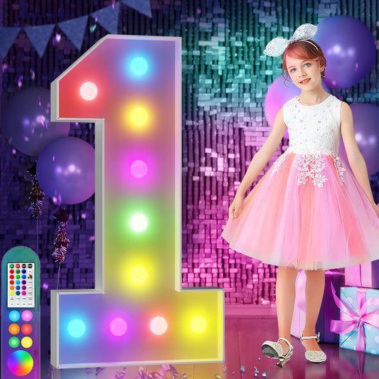 imprsv 4FT Colorful Marquee Numbers,18 Colors Number 1 with Remote, Light Up Numbers Sign for 1st Birthday Decorations Anniversary Party Decor, Pre-Cut Foam Board Kit, Mosaic Sign for Balloon