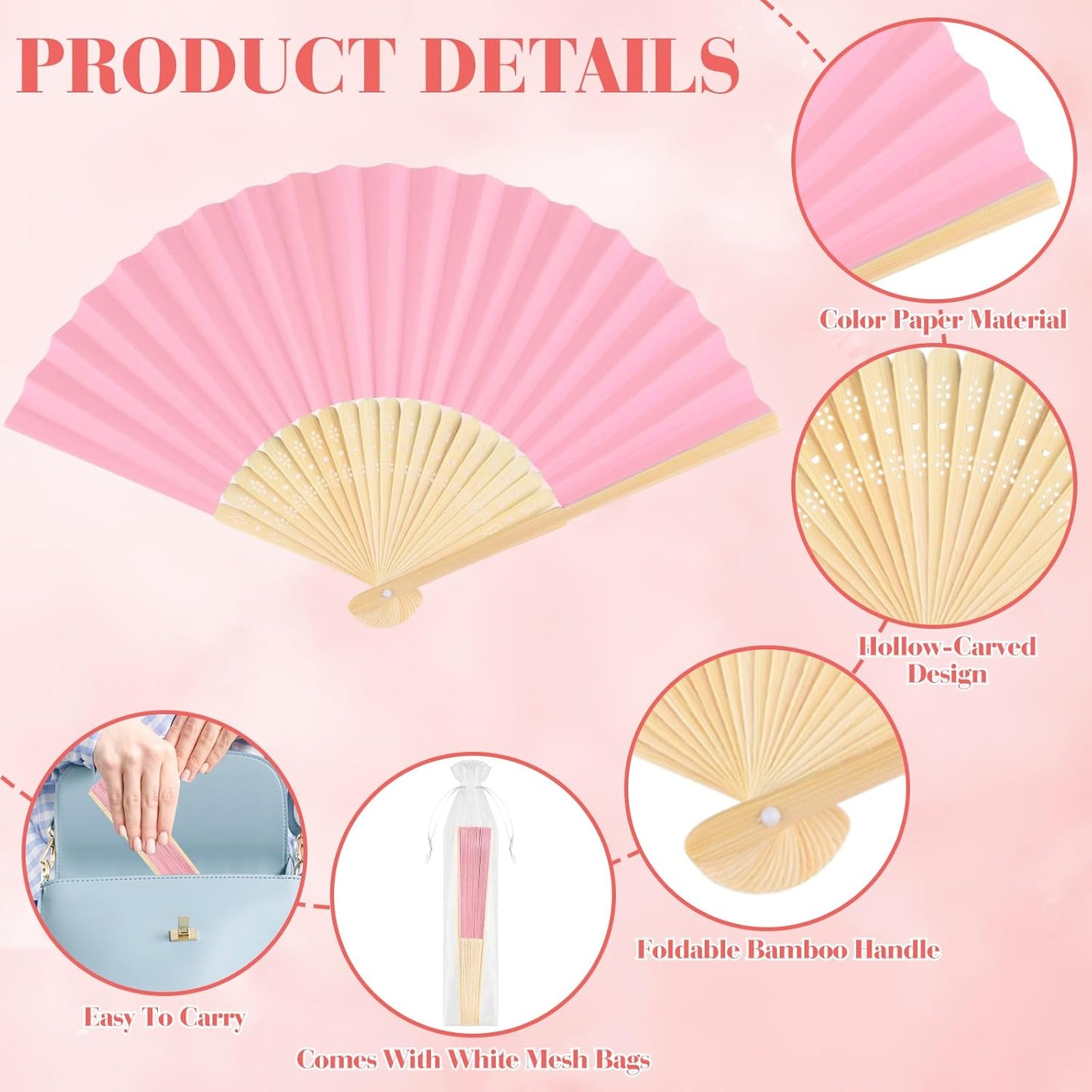 6 Pieces Pink Hand Held Bamboo Folding Fans Foldable Paper Fans Handheld for Women Girls Wedding DIY Decoration Church Home Party Favors Summer