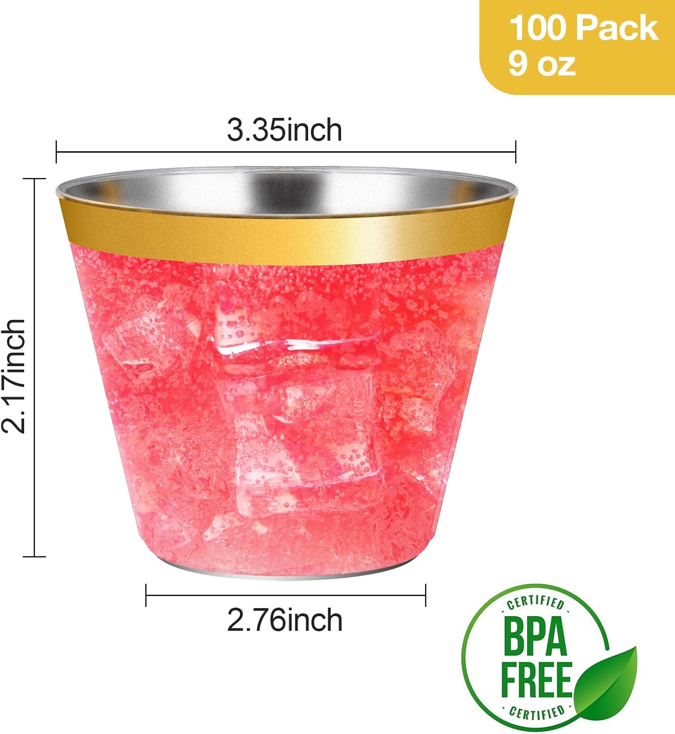 Goodluck 100PCS 9oz Gold Plastic Cups for Party, Disposable Gold Rim Cups, Plastic Cocktail Glasses for Wedding Thanksgiving, Christmas, and Parties