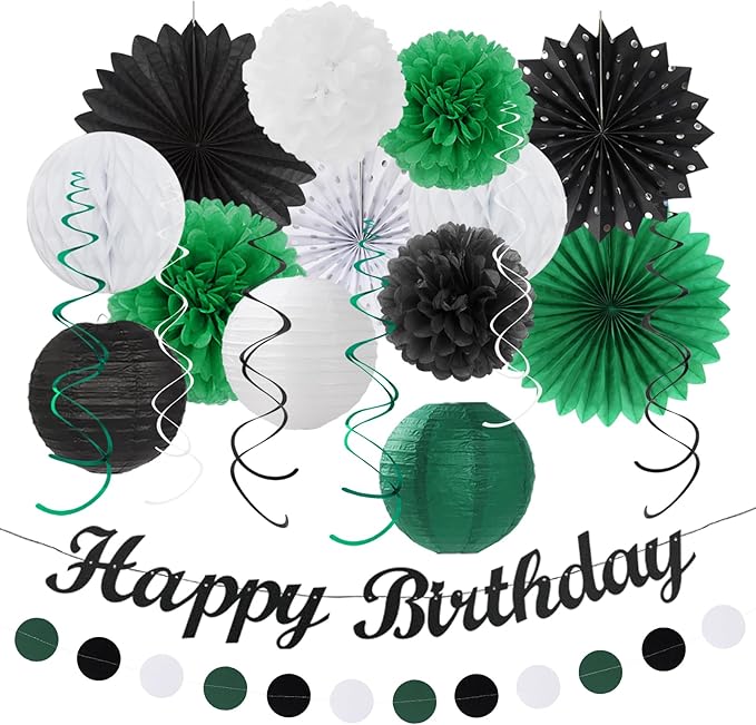 Black Green White Birthday Party-Decorations - 21pcs Boys Men Happy Birthday Banner,Paper Streamers Lanterns Honeycomb,Flower Tissue Pom Poms Fan Supplies Decor Huglony