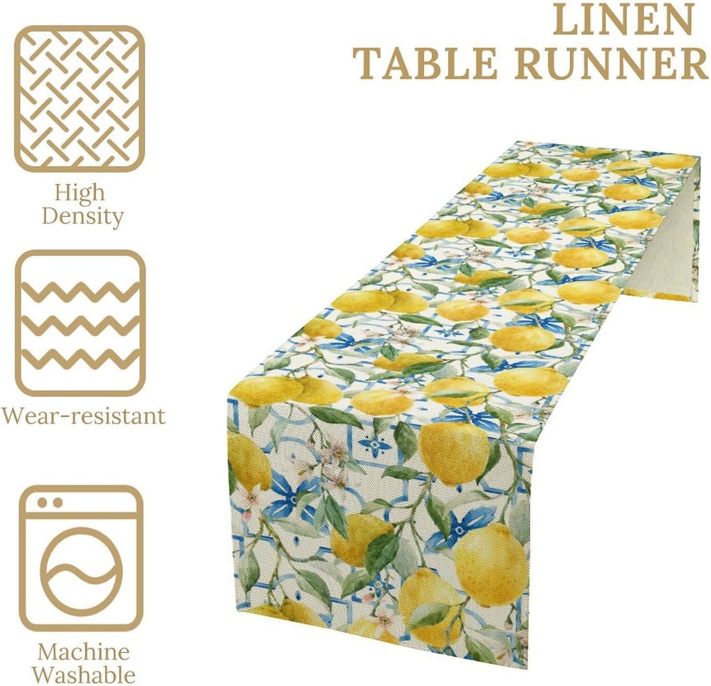 Lemon Table Runner,Watercolor Fruit Green Leaves Spring Summer Table Cloth Kitchen Dining Table Home Party Decoration 13x60 Inch
