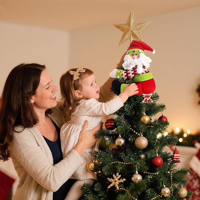 Gingerbread Man Christmas Tree Topper Santa Claus Christmas Decoration,2 Pack Cute Tree Topper Xmas Curtain Wine Bottle Staircase Guardrail Ornament for Xmas New Year(Gingerbread Man & Santa)