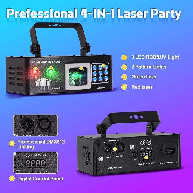 Laser Lights DJ Lights for Parties Pro 4 in 1 with Sound Activated & DMX Control DJ Laser Light Show RGBW & UV Beam Effect Stage Laser Light for Party Birthday Disco Bar Stage Live Show