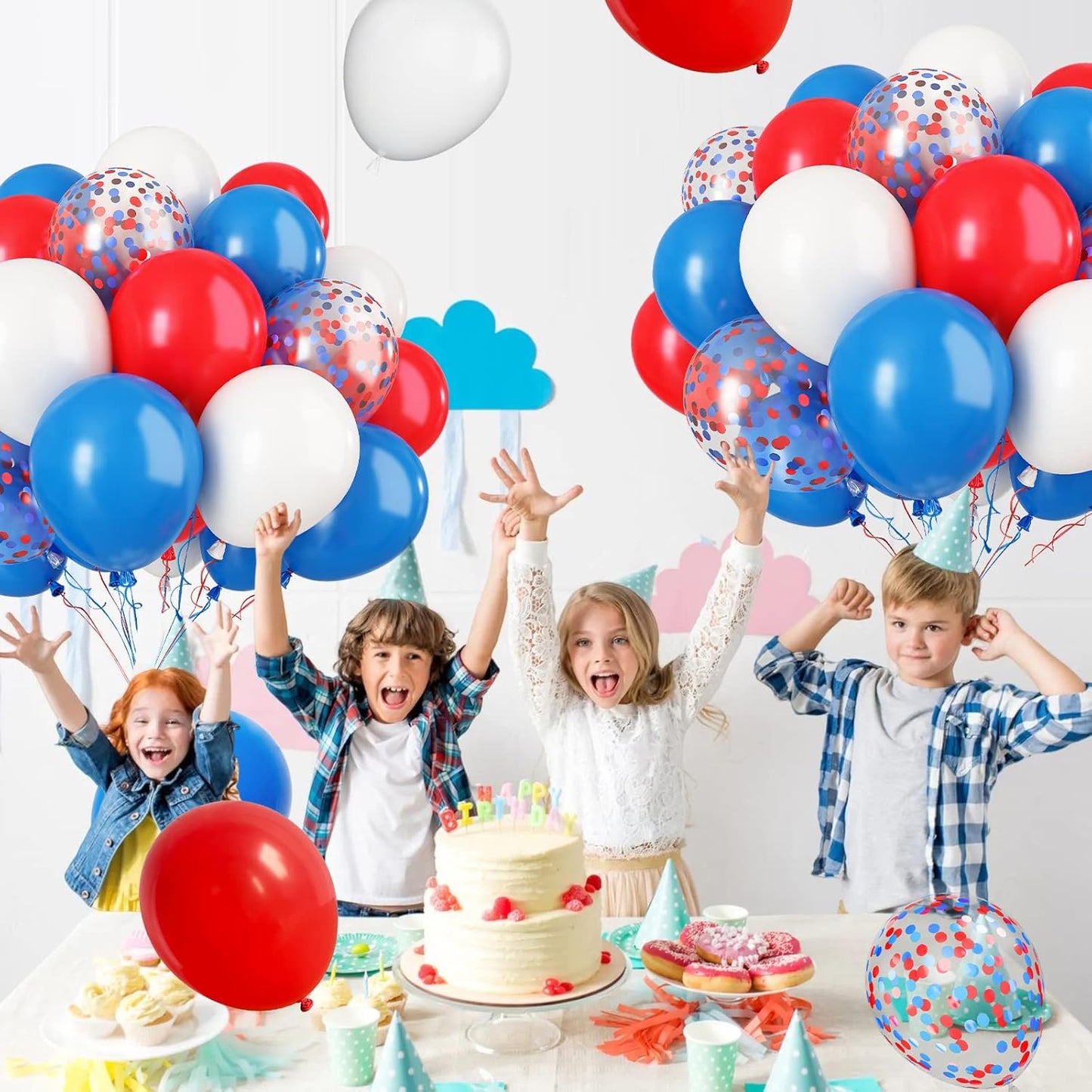Paready Red and Blue Latex Balloons, 30 Pcs 12 Inch White and Red Blue Confetti Balloons with Ribbons for 4th of July Independence Day Birthday Baby Shower American Party Graduation Decoration