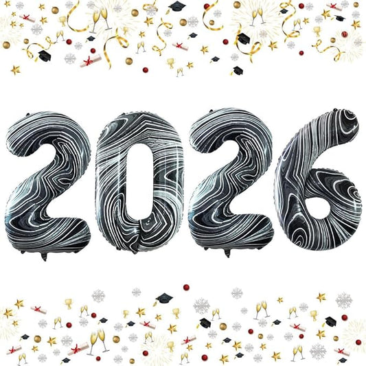 GOER 42 Inch 2026 Foil Number Balloons for 2026 New Year Eve Festival Party Supplies Graduation Decorations (Marble Black)