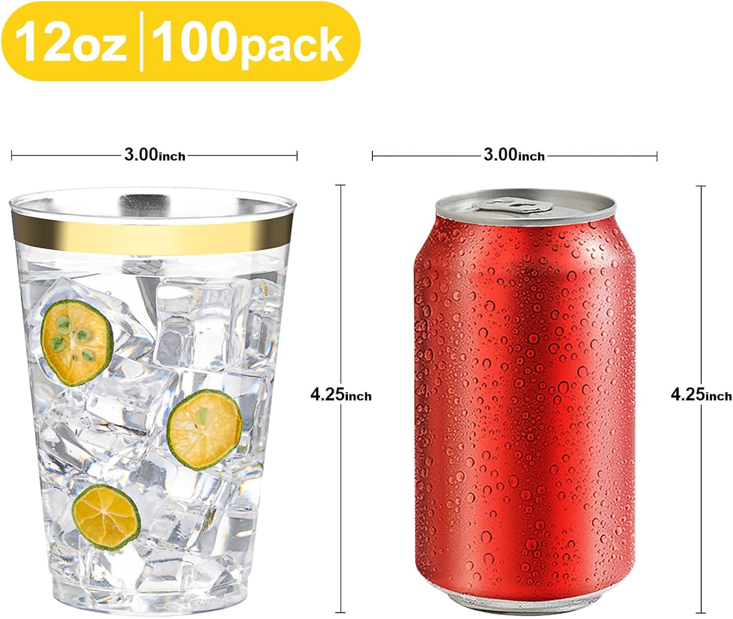 BESTVIP 12oz Gold Plastic Cups, 100 Pack Gold Rimmed Disposable Cups, Heavy-duty Party Cocktail Glasses, Plastic Cups for Party, Holiday, Christmas, Thanksgiving, Wedding and Birthday