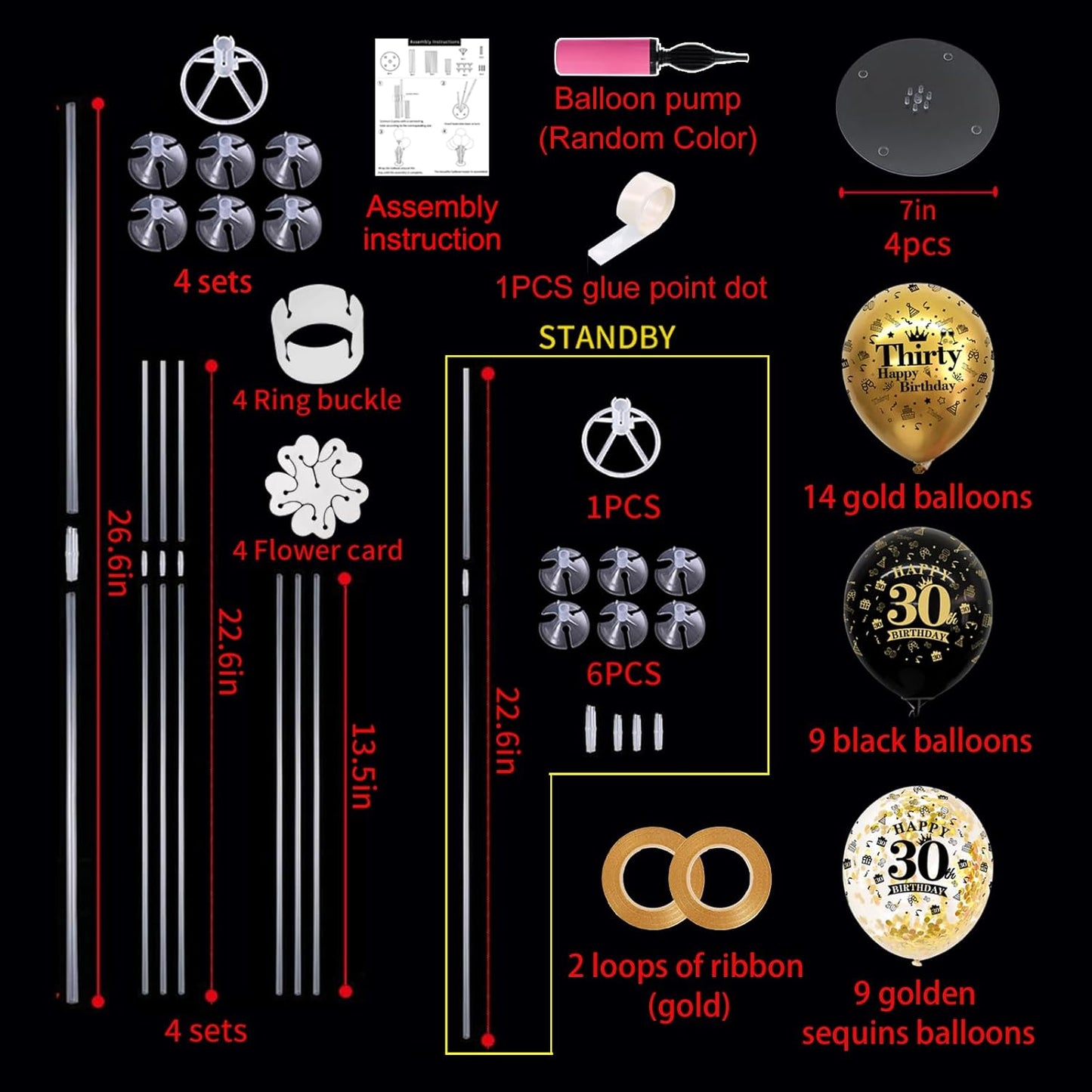 TONIFUL 4 Set Black Gold Balloon Stand Kit for Birthday Decorations for 30th,Balloon Centerpieces for Table Party Decorations Cheers to 30 Years Old Birthday for Men and Women