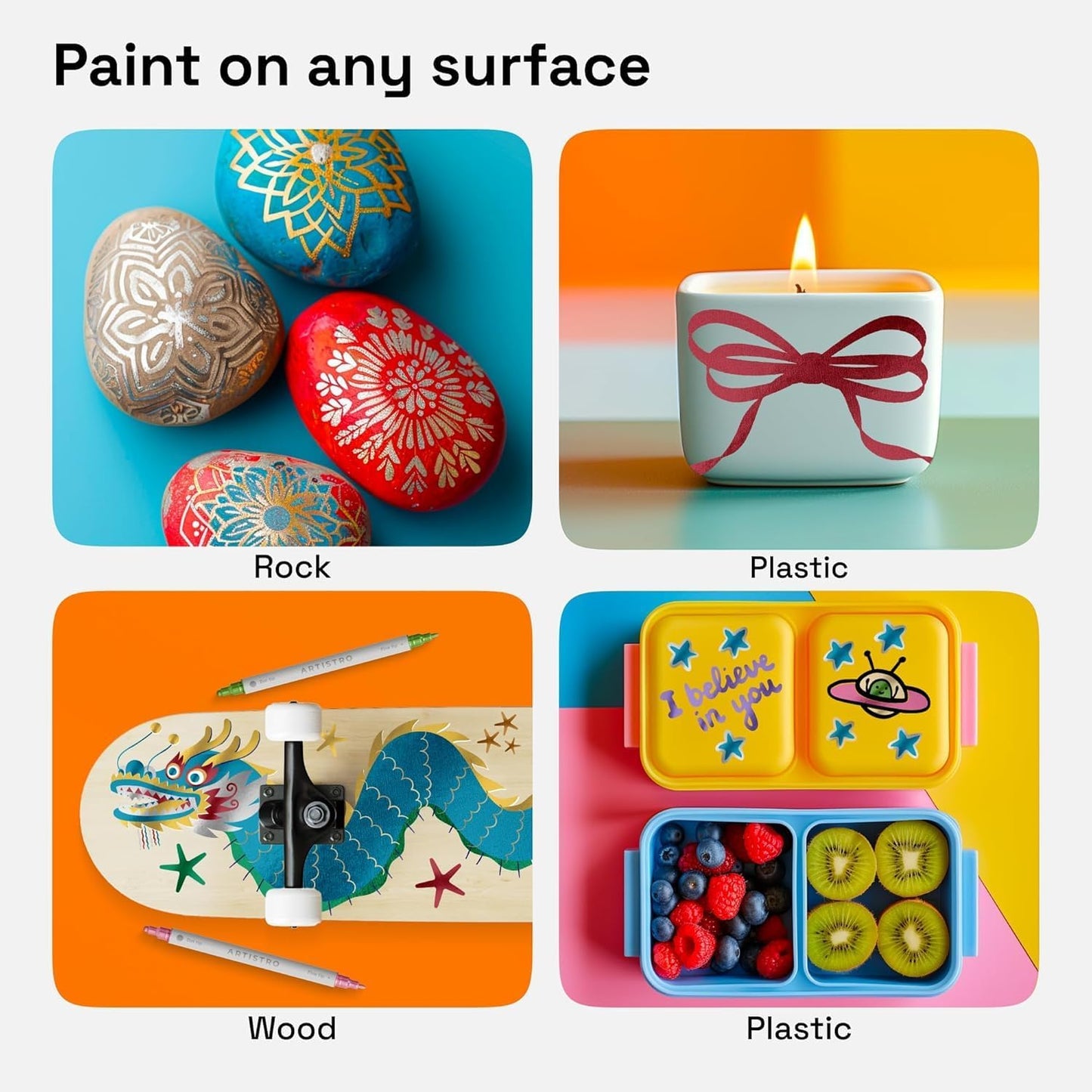 ARTISTRO 24 Metallic Dual-Tip Acrylic Paint Markers for Rock, Canvas, Glass, Wood, & More Fine + Dot Tips