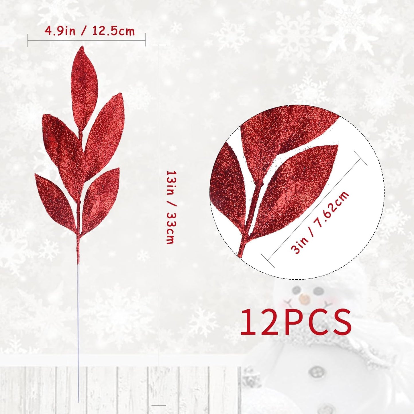 GREENTIME 12 Pack Artificial Red Glitter Leaves 13" Fake Christmas Picks Decorative Glitter Sticks for Vase Christmas Tree DIY Wreath Crafts Fireplace Decor