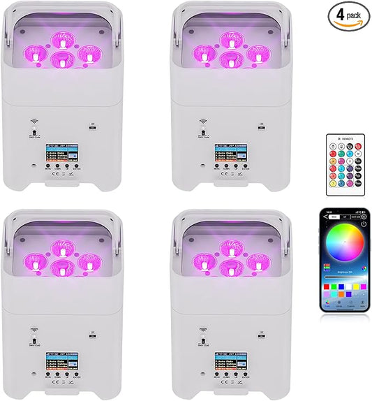 Battery Powered Stage Lights, 9600mAh Rechargeable Par Can Lights 6x18W RGBWA+UV APP/Remote/DMX512/Sound Activated, Uplights for Events Party Wedding DJ Concert Christmas Dance White 4Pcs