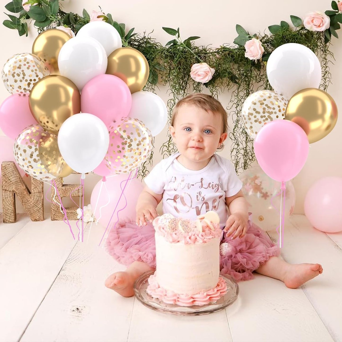 Patimate Pink Gold Confetti Balloons Set, 50 pcs 12 inch Metallic Gold Pastel Pink White Confetti Latex Balloons Kit for Birthday Baby Shower Girl Princess Party Decorations