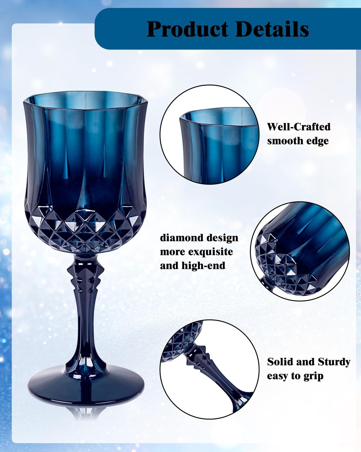 Ciaell 24PCS Blue Plastic Wine Glasses - 7 Oz Plastic Goblets for Party - Blue Vintage Drinking Glasses - Disposable Water Goblets Set for Wedding, Bar, Wine, Beer, Juice, Cocktail & Halloween