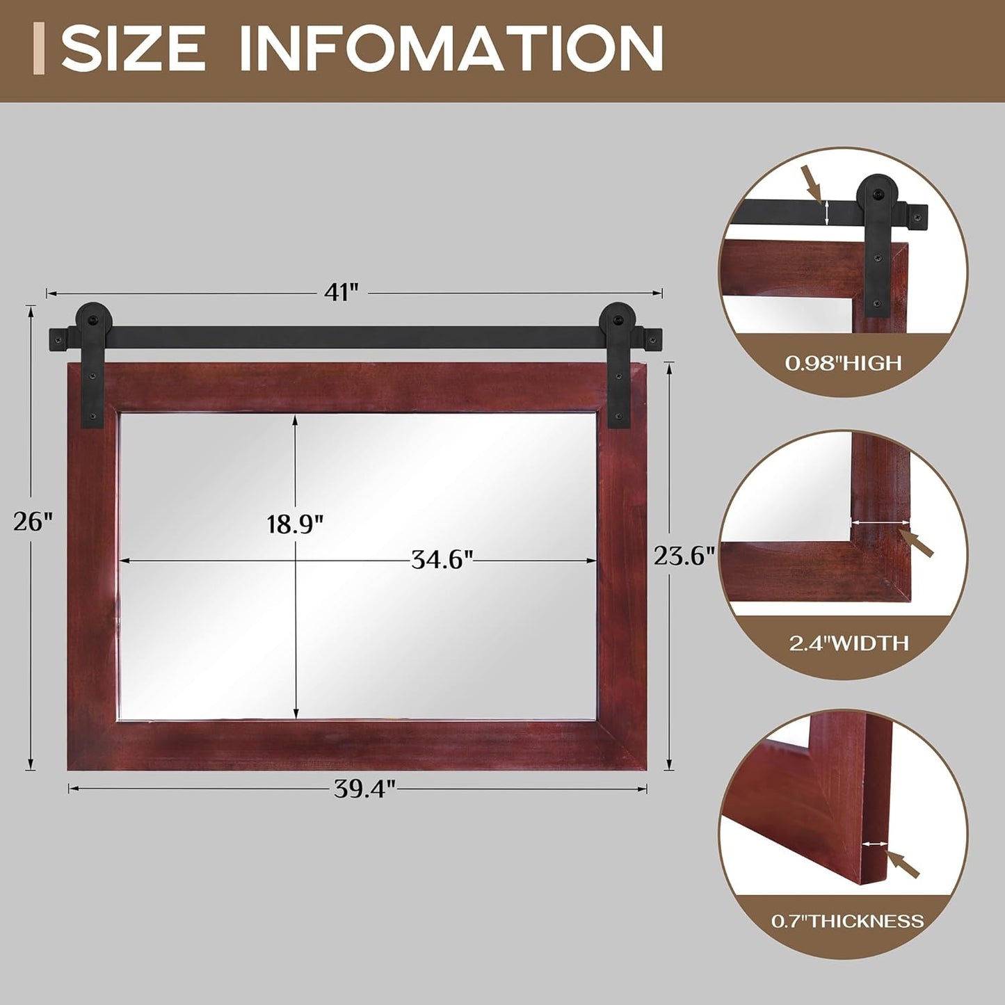 COGOOD Farmhouse Barn Door Mirror - 41" x 26" Rustic Wood Framed Mirror for Bathroom, Living Room, Entryway Wall Decor (Espresso)