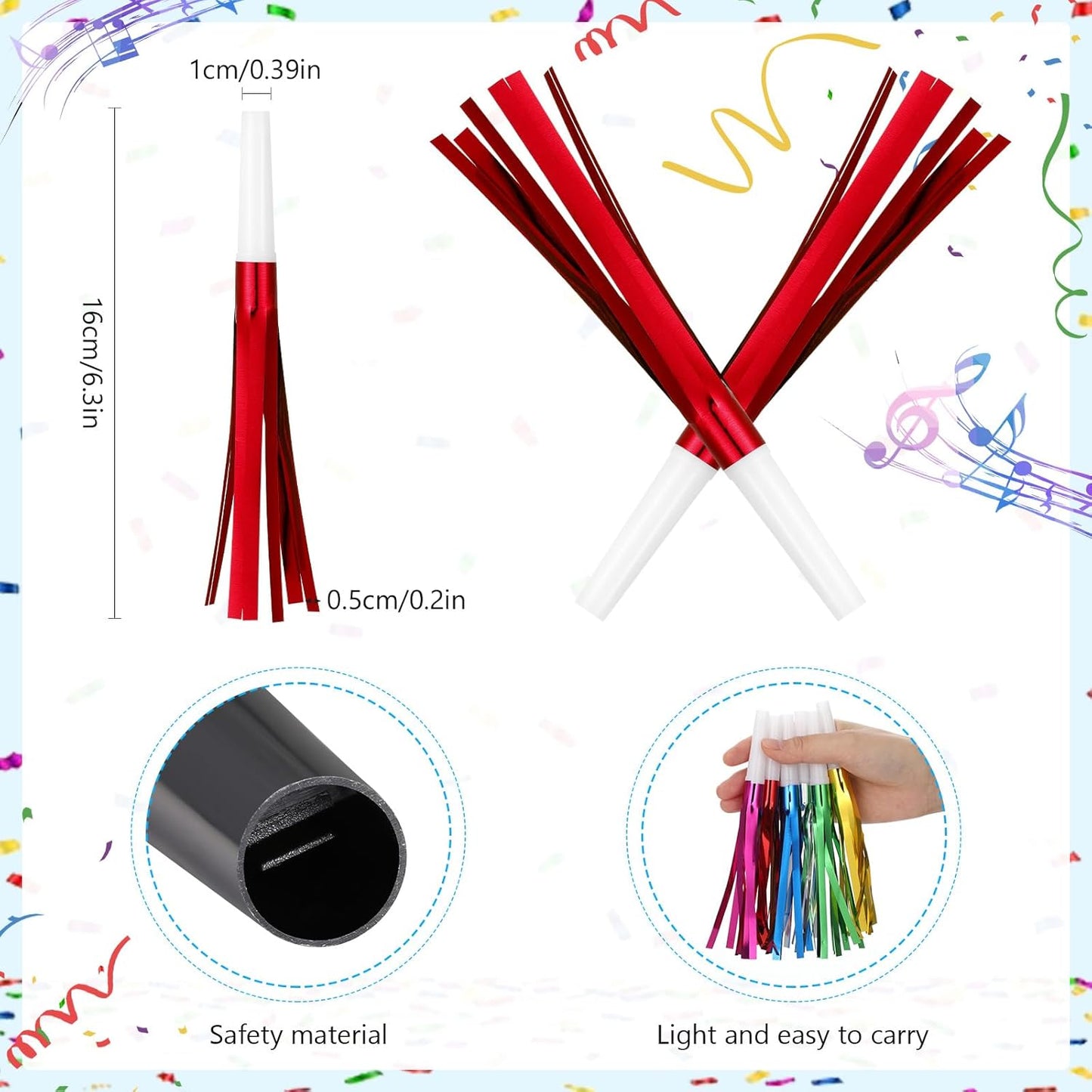 48 Pcs Noise Makers Glitter Metallic Fringed Noise Makers Horns for Baby Shower, Kids Birthday, New Year Party Favor - White Red