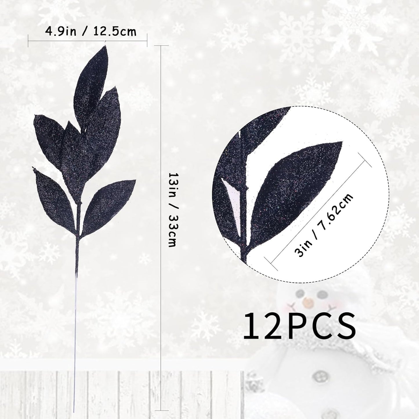 GREENTIME 12 Pack Artificial Black Glitter Leaves 13" Fake Decorative Glitter Sticks for Vase Christmas Tree DIY Wreath Crafts Fireplace Halloween Decor
