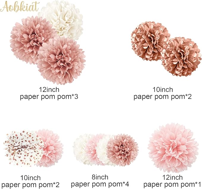 AOBKIAT Wedding Decorations Tissue Paper Pom Poms - 12 PCS Rose Gold Pink White Paper Flower Pom Pom Kit Decorations for Wedding Birthday Baby Shower Bachelorette Bridal Shower Party Supplies