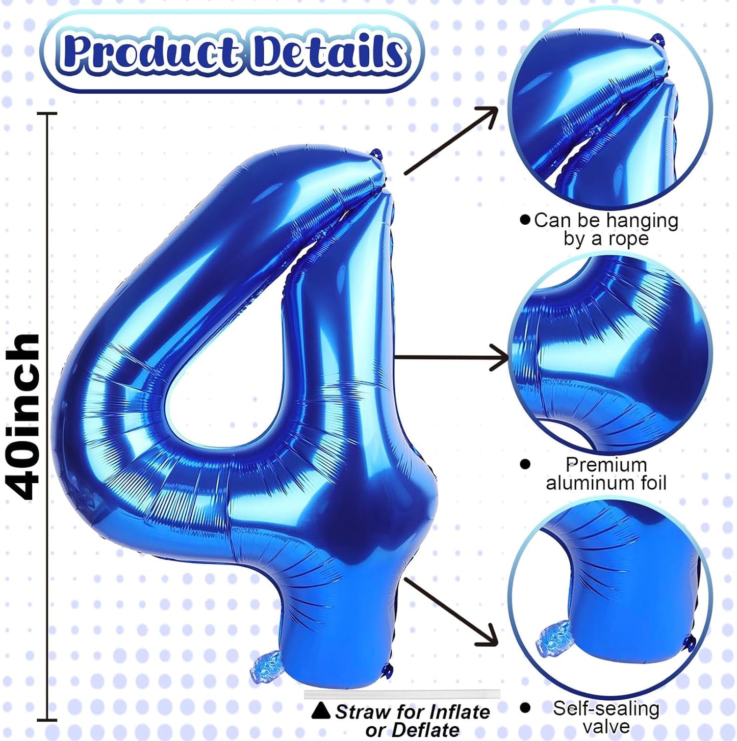 40 Inch 4 Balloons, Large Navy Blue Number 4 Balloon for 4th Birthday Foil Number Balloons Set 0-9, Self Inflating Dark Royal Blue Digital 4 Helium Balloon for Boys Birthday Anniversary Party Decor