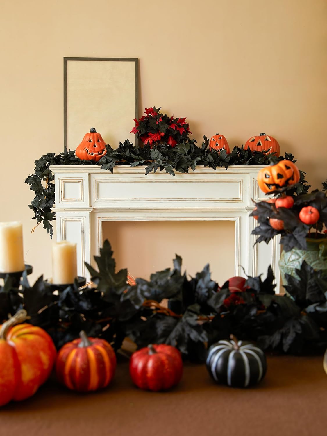 PARTY JOY Black Artificial Maple Leaf Garland - 6PCS 5.6Ft Halloween Decor, Gothic Fall Vines for Front Porch, Thanksgiving Autumn Table Centerpiece & Wall Hanging