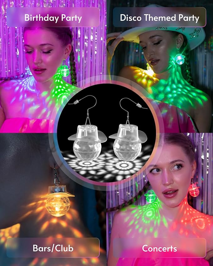 LED Disco Ball Cowgirl Hat Earrings | 16 Light Modes Rechargeable Light Up Earrings for Women, Disco Party & Dance Events Rave Accessories 60s 70s 80s