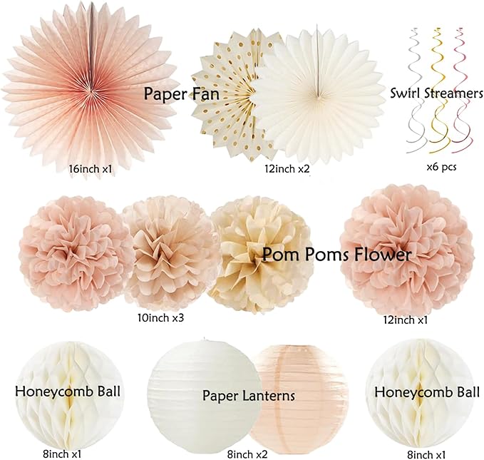 Champagne-Gold Beige Fall Boho Birthday Party Decorations 62pcs Happy Birthday Banner, Peach White Paper Lanterns, Streamers, Tissue Pom Poms, Blush Beige Boho Party Balloons, Rustic Backdrop Decor