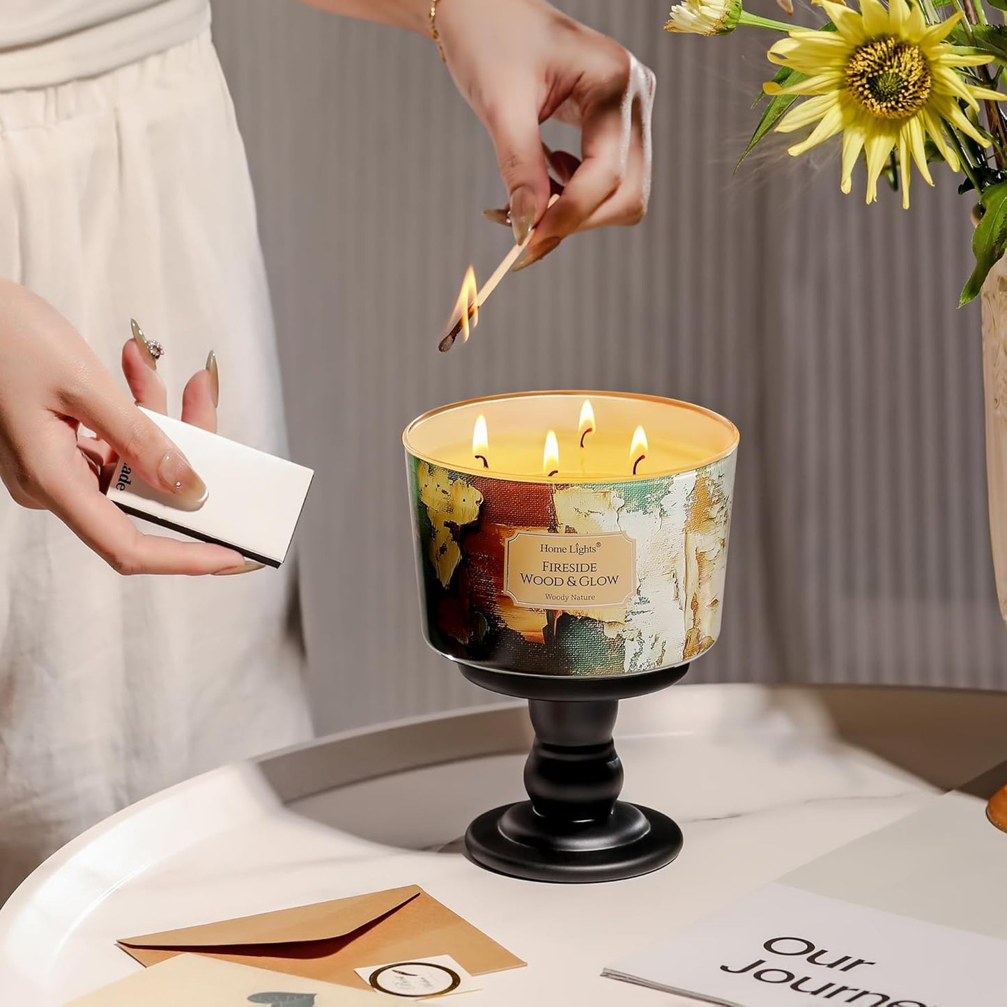 HomeLights 4-Wick Candles for Home Scented - 18oz Soy Wax Blend Candle Long-Lasting Fragrance, Industrial Chic Home Decor and Housewarming Gifts, Fireside Wood & Glow