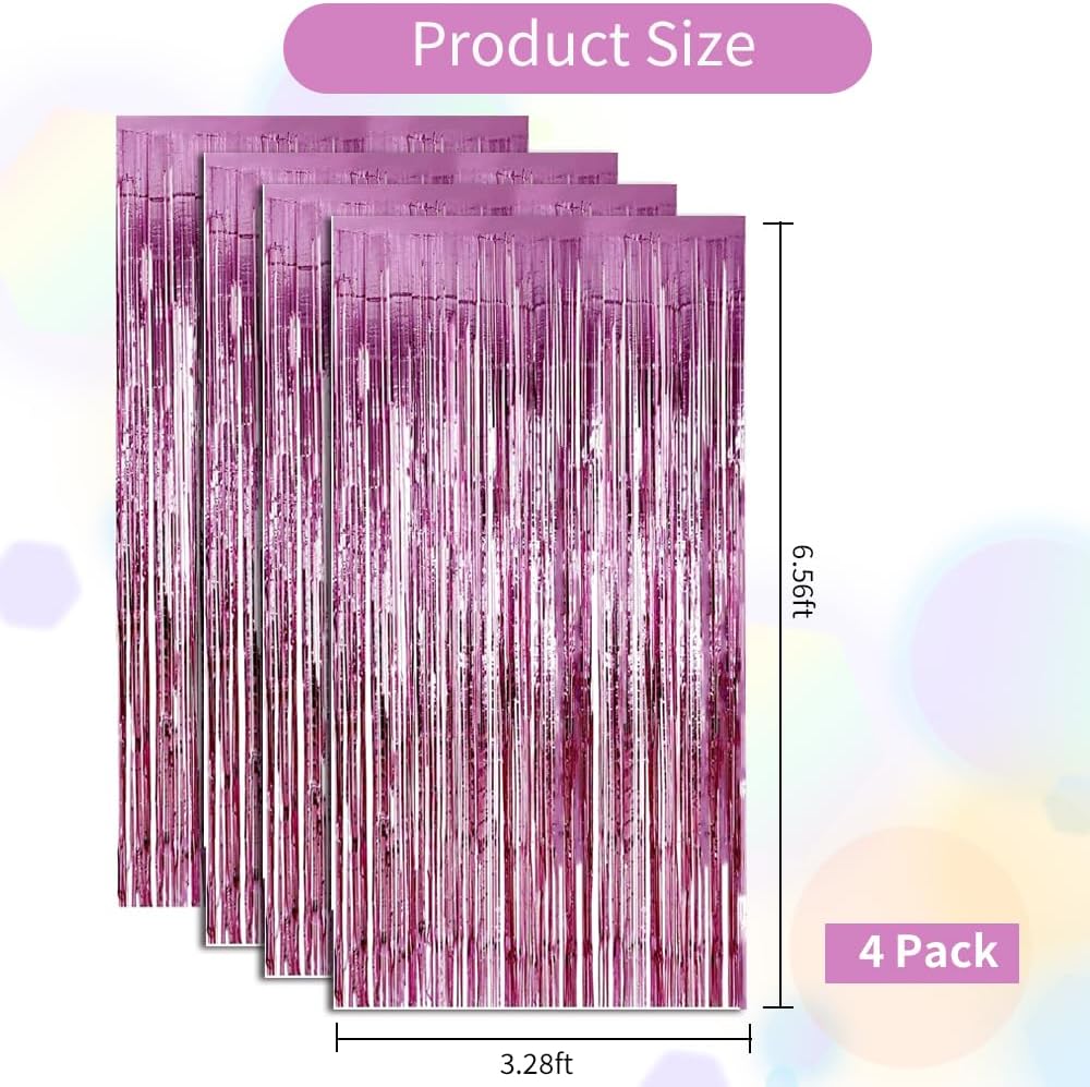 BEISHIDA 4 Pcs Pink Door Streamers Tinsel Curtain Party Streamers Backdrop Fringe Foil Wall Background for Birthday Christmas Wedding Pink Girls Valentine's Day Party Decoration(3.28 ft x 6.56 ft)
