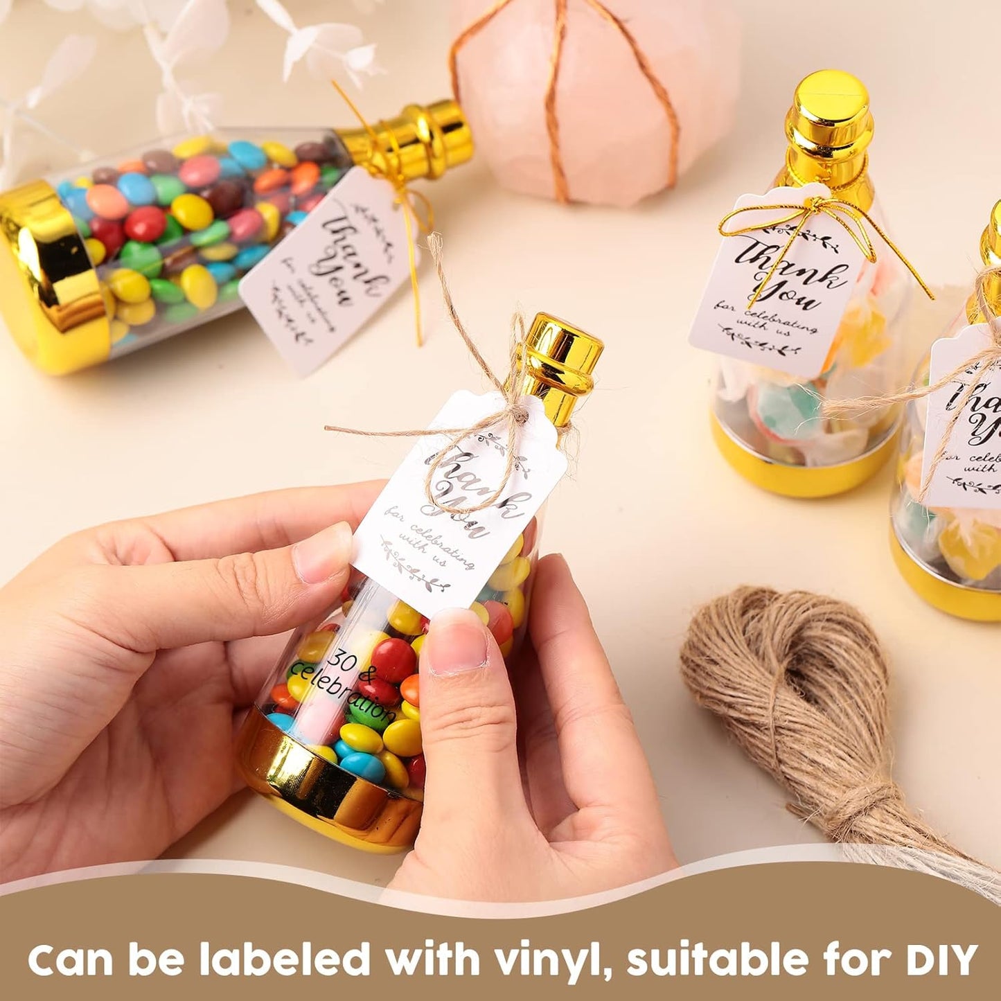 Gerrii 100 Pcs Metallic Mini Champagne Bottle Candy Container Shaped Jars Gold Plastic DIY Favor Candy Bottle Wedding Party Favor Containers with Gift Tags Gold Strings and 65.6ft Rope