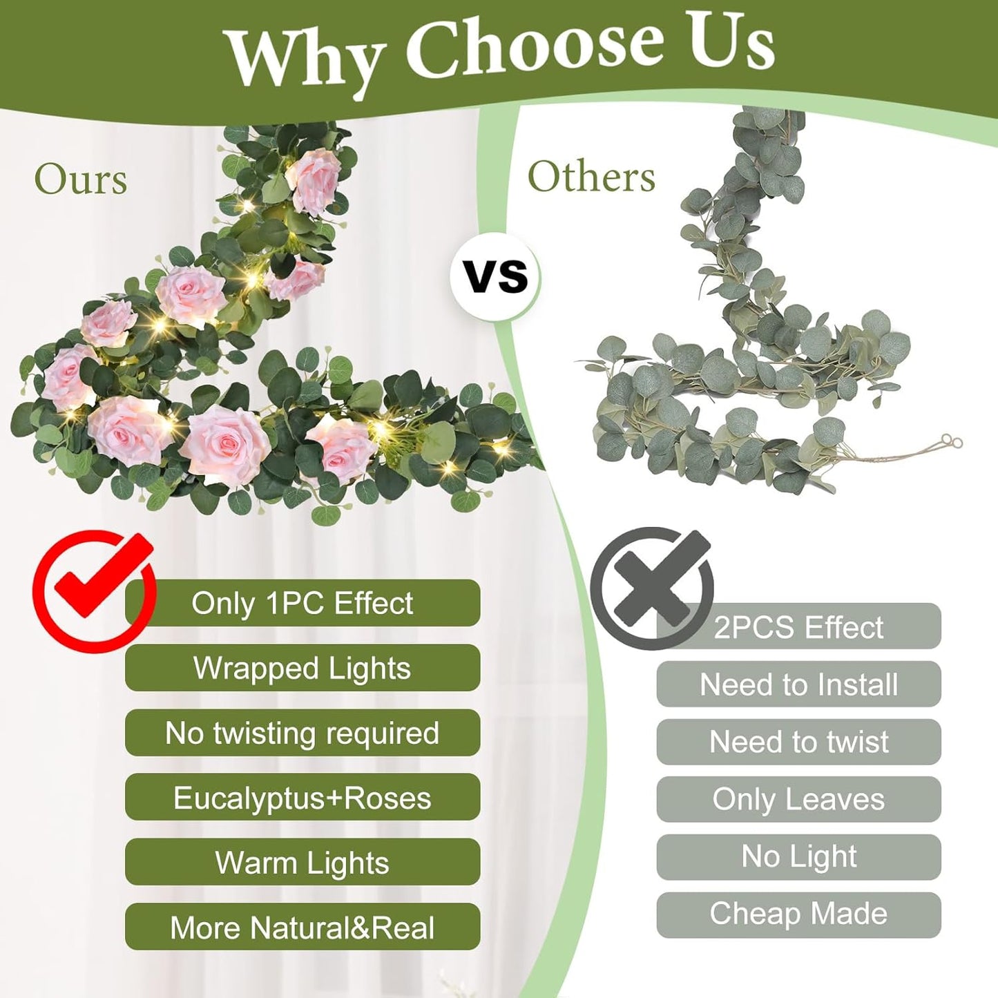 MACTING 4 Pack 26.4FT Eucalyptus Garland with Lights - Spring Gypsophila Flower Garlands with 48 Pink Roses Artificial Floral Greenery Vines for Arch Table Centerpieces Backdrop Party Wedding Decor