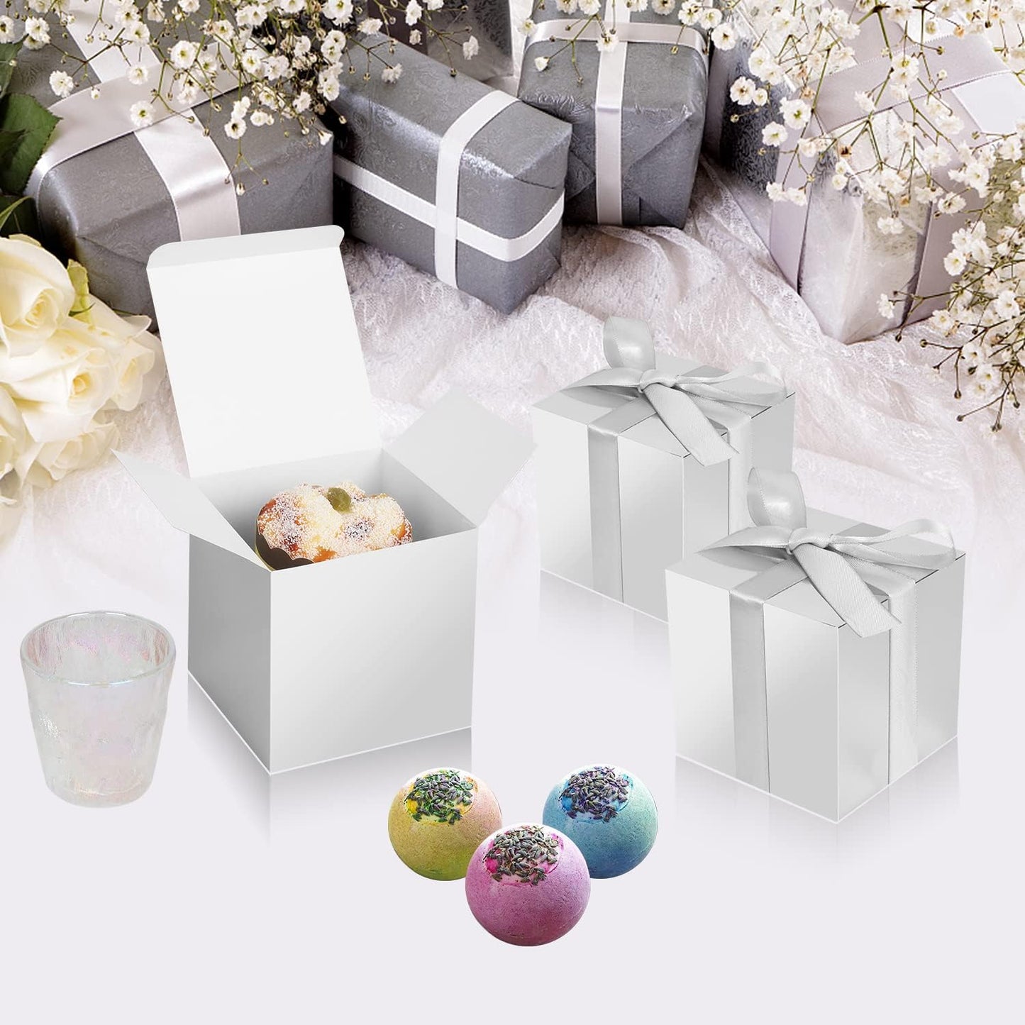 100 Pack Small Gift Boxes, 3x3x3 Inches Favor Boxes Silver Paper Gift Boxes with Lids for Presents, Crafting, Cupcake Boxes, Gifts, Candy Boxes for Wedding Party Bridal Shower Baby Shower Favors