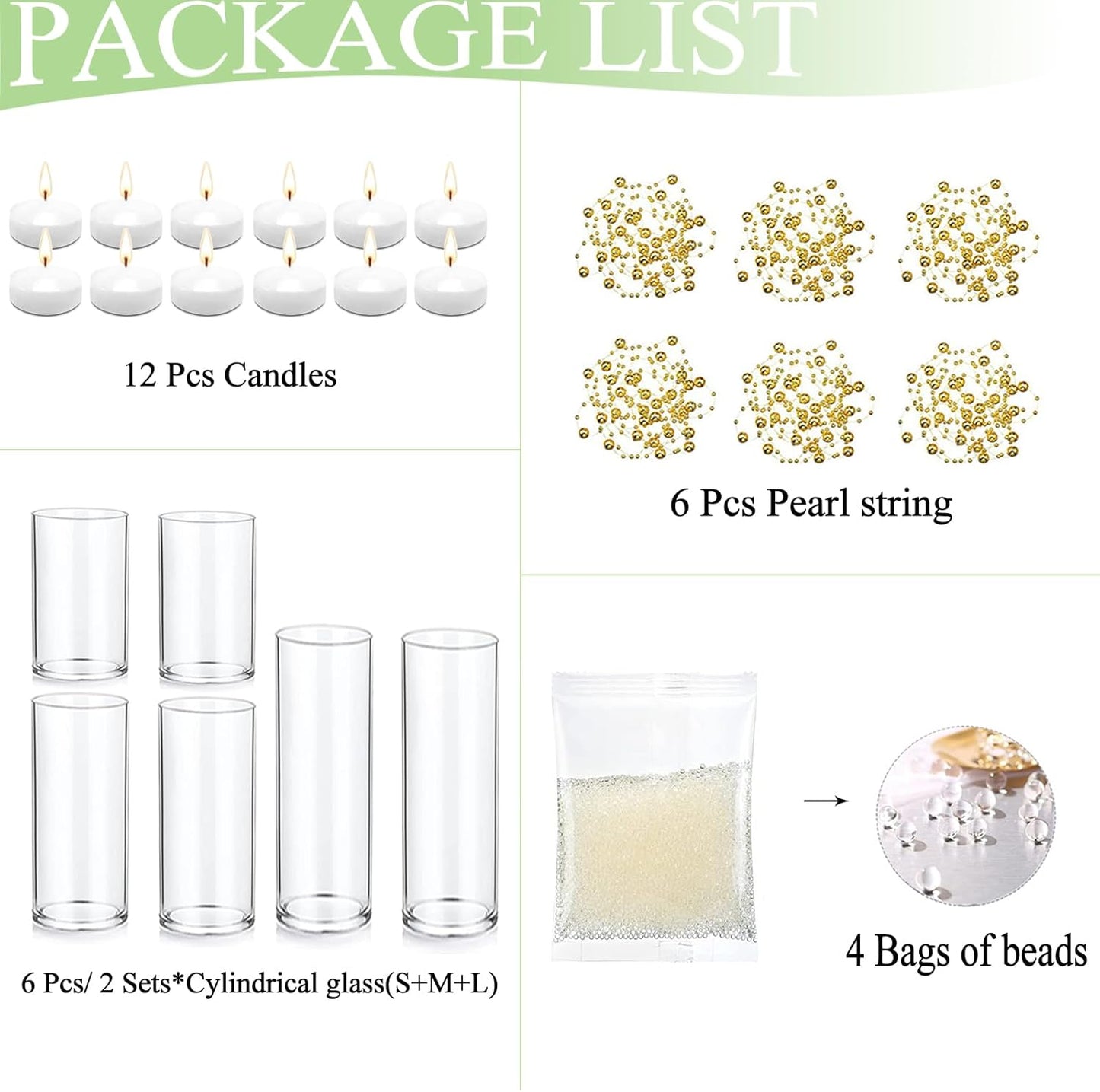 Set of 6 Glass Cylinder Vases for Centerpieces with 4 Pack Vase Filler 6 Pearl String 12 White Floating Candles for Centerpieces, Center Pieces for Table Wedding Party Home Decor 5, 6, 8 Inch