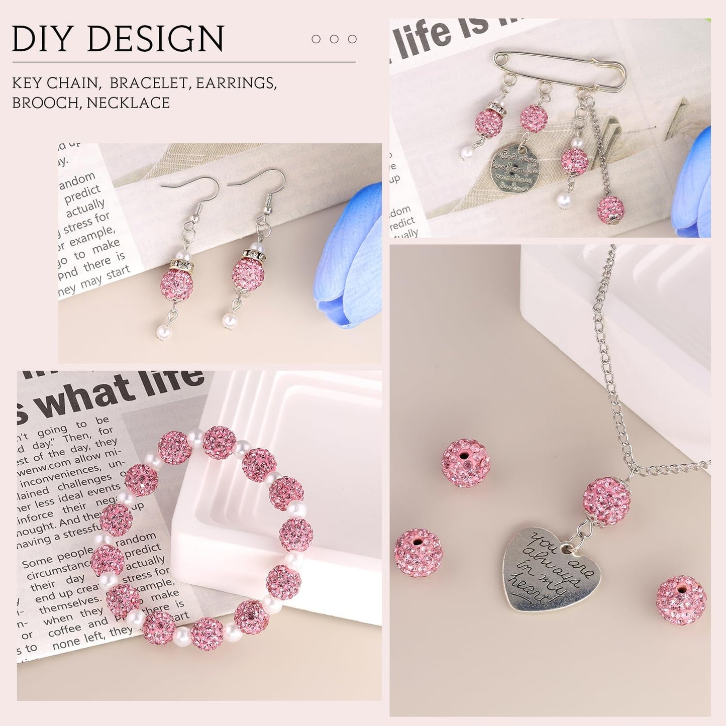 200pcs 10mm Pink Rhinestone Beads for Jewelry Making, Shiny Round Shamballa Disco Ball Beads Bulk, Sparkle Crystal Clay Christmas for Bracelet Baseball Necklace Earring Crafting and DIY