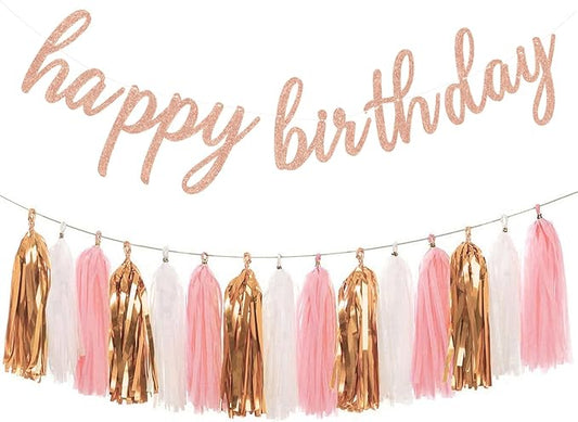 Rose Gold Happy Birthday Decorations - Glittery Rose Gold Happy Birthday Banner and Tissue Paper Tassels Garland for Birthday Party Decorations