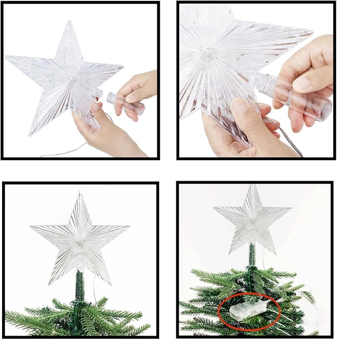 Christmas Star Trees Topper Light 9.5inch 24 Modes Color Changing with Versatile Remote Controller 3AA Battery Powered Christmas Tree Topper Party Home Decoration（Indoor and Outdoor ）