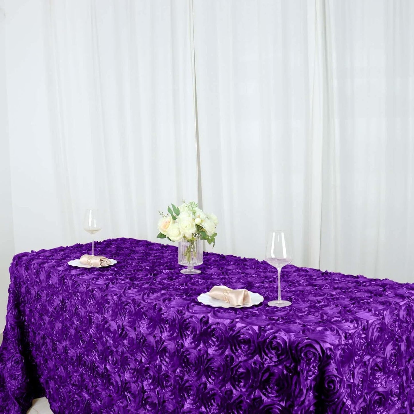 Efavormart 90"x132" Wholesale Rectangle Table Cover Purple Grandiose Rosette 3D Satin Tablecloth for Wedding Party Event Decoration