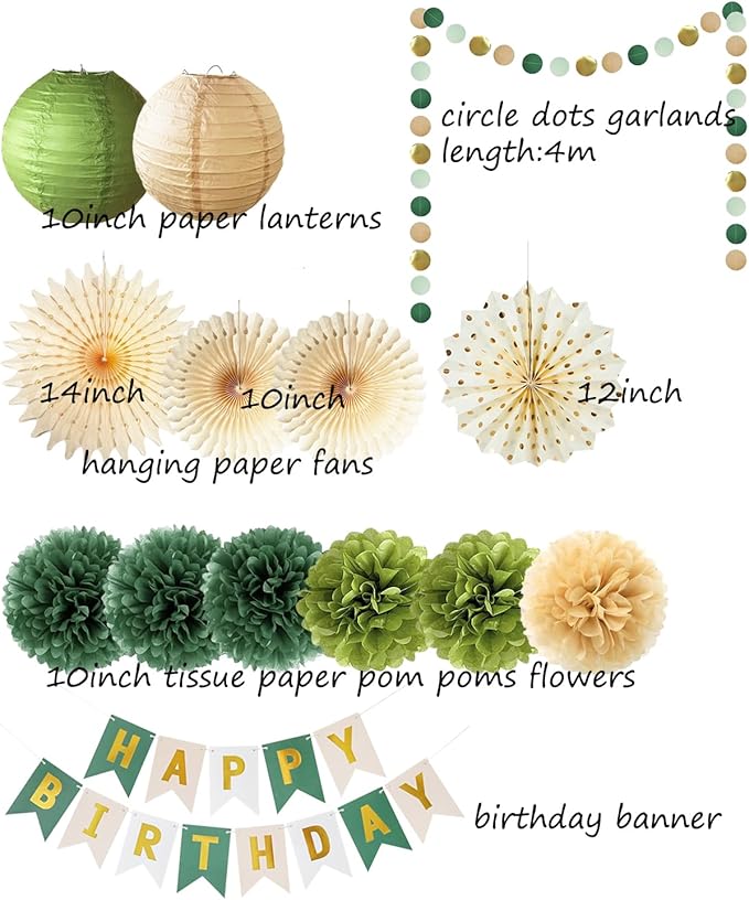 Green Birthday Party Decorations Olive Green Birthday Cream Tissue Pom Poms Paper Lanterns Circle Garland Hanging Paper Fans for Girls Women Neutral Boho Birth Day Decorations