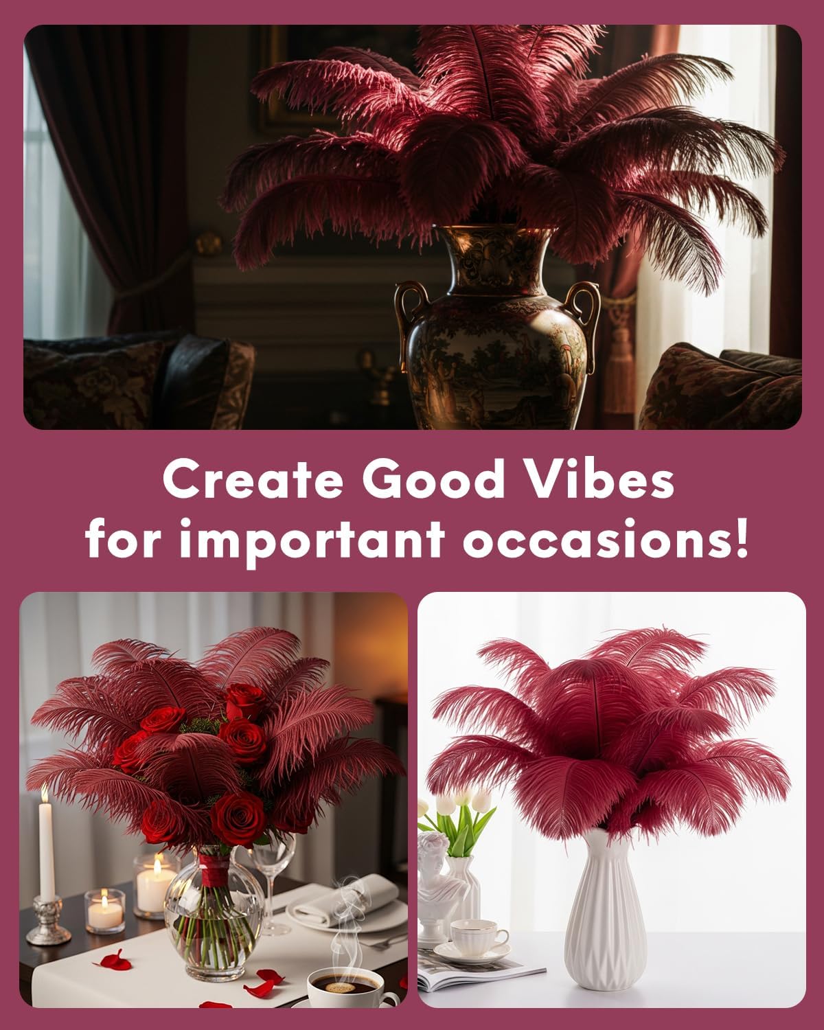 NEWONG 30pcs Wine red Ostrich Feathers Natural Bulk 11-14inch(28-35cm) Vase Craft Wedding Home Party Centerpieces Christmas Day Decoration