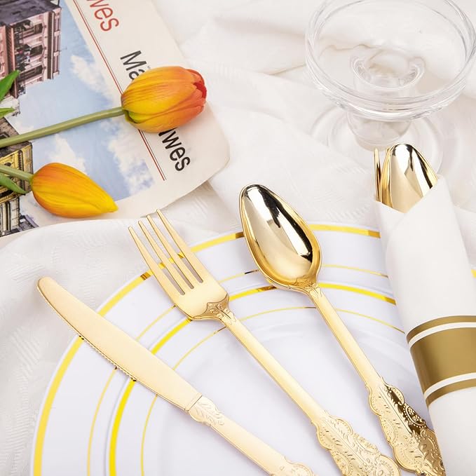 Nervure 400PCS Pre Rolled Gold Plastic Silverware Sets - Heavy Duty Fancy Gold Cutlery - Include 100 Pack Wrapped Disposable Utensils with Napkins for Parties, Dinners & Weddings