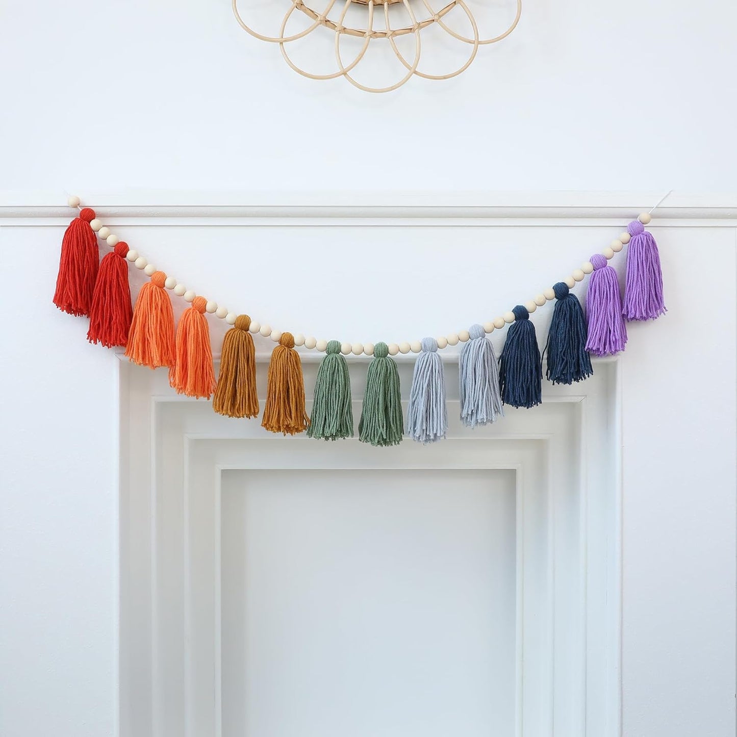 Boho Tassel Garland Wall Hanging with Wood Beads Colorful Tassel for Kids Room Bedroom Classroom Nursery Dorm Decorations