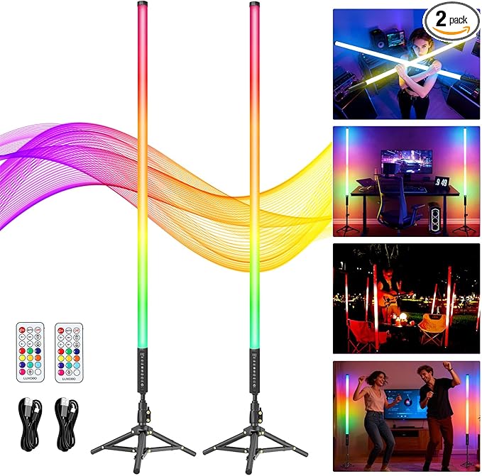 2 Pack 4ft RGB Tube Light with Stand, 5000mAh Battery Light Tube, 500 Lighting Modes, 2.4G Remote, Dimmable Neon LED Video Light Bar for Photography Studio DJ Party Wedding Stage Lighting