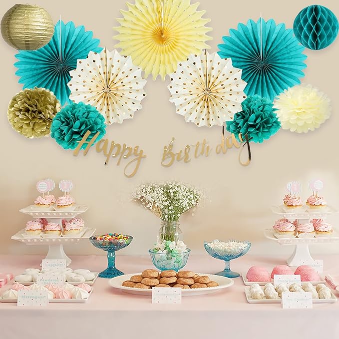 SUNBEAUTY Teal & Gold Party Decorations - Paper Fans, Tissue Pom Poms, Happy Birthday Banner for Baby Showers & Women's 30th/40th Birthdays