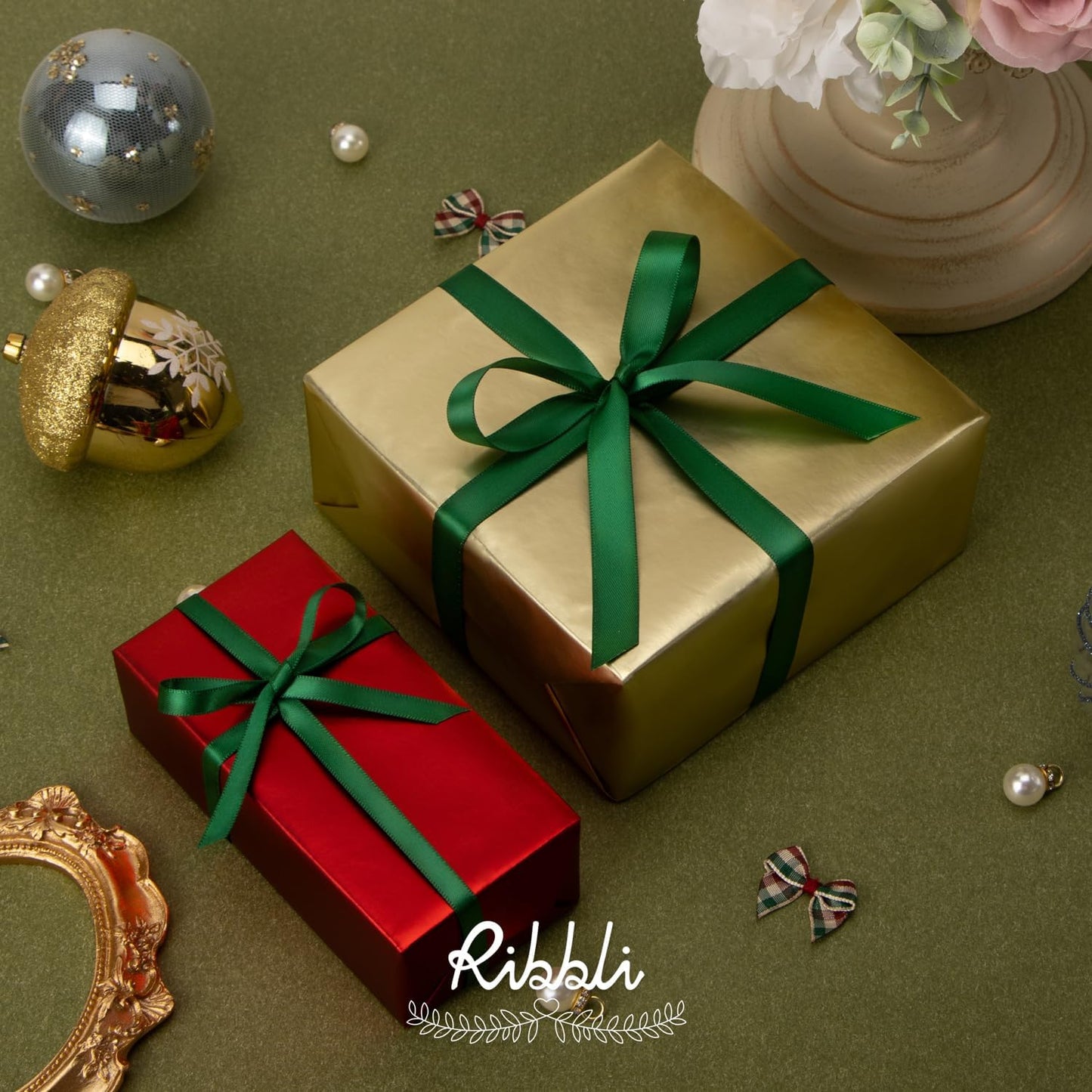 Ribbli Forest Green Double Faced Satin Ribbon,1/4” x Continuous 25 Yards,Use for Craft Bows Bouquet, Gift Wrapping, Wedding Decoration, Floral Arrangement