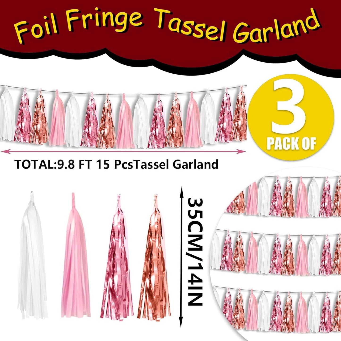 3P Metallic Fringe Tassel Banner Garland Foil Tinsel Streamer Wall Hanging Curtain Backdrop for Parade Floats, Graduation, Wedding, Birthday, Retirement Party Decorations(Rose-Gold Pink White)