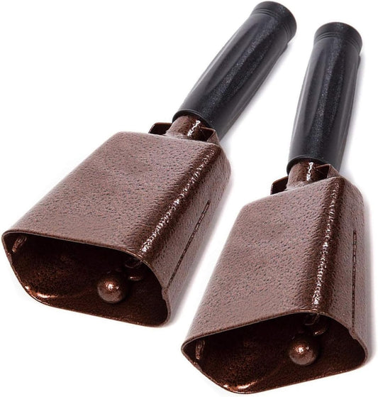 Deke Home - 2 Pack 7 Inch Steel Cowbells with Handle, Loud Noise Makers for Football, Sports, Parties, Competitions, School Spirit & Safety, Large Hand Bell for Cheering & Percussion Instrument