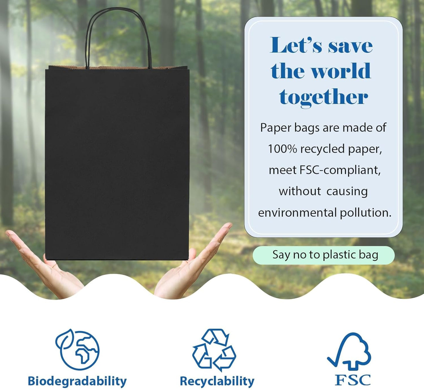 GSSUSA 400 Pack 8x4.25x10'' Paper Bags with Handles Bulk, Black Kraft Paper Gift Bags for Small Business, Sturdy Grocery Retail Shopping Bag, Birthday Party Favor Bag, Craft