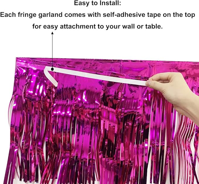Thick 10 feet by 15 inches Fuchsia Foil Fringe Garland - Pack of 3 | Shiny Metallic Tassle Banner for Car Parade Floats, Wedding, Birthday | Wall Hanging Fringe Garland Banner (Fuchsia)