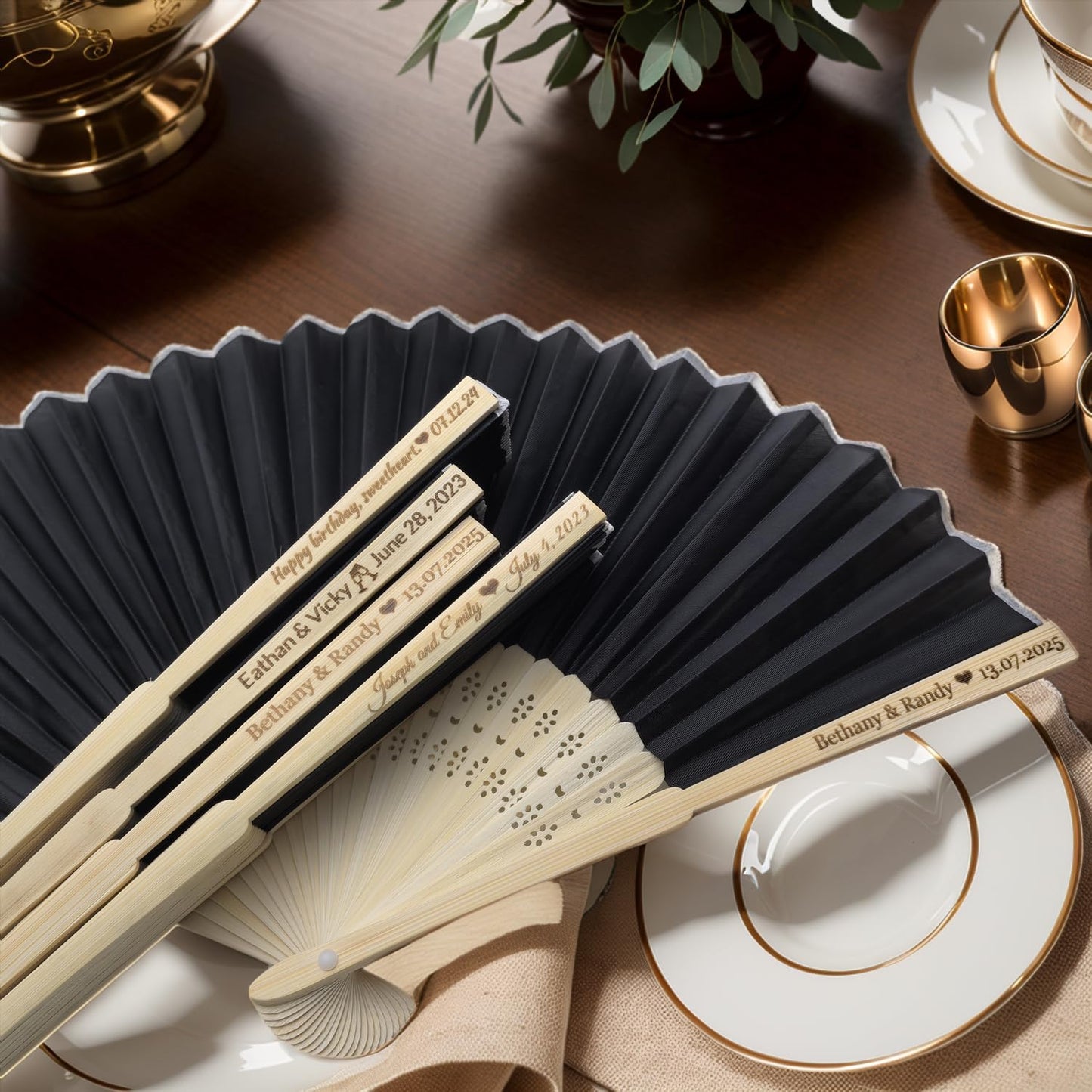 150Pcs Personalized Silk Fans Folding Hand Fan, Custom Wedding Bridal Party Favors, Summer Wedding Bride, Wedding Gift, Thank You Gift (Black)