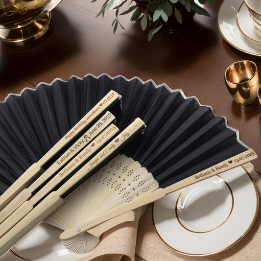 150Pcs Personalized Silk Fans Folding Hand Fan, Custom Wedding Bridal Party Favors, Summer Wedding Bride, Wedding Gift, Thank You Gift (Black)
