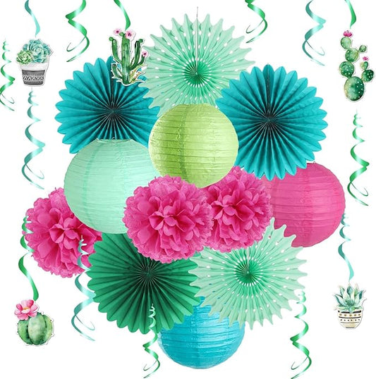 SUNBEAUTY Summer Party Decoration Hanging Cactus Swirls Paper Lanterns Paper Fans kit for Hawaiian Luau Party Tropical Party Baby Shower Birthday Party Supplies